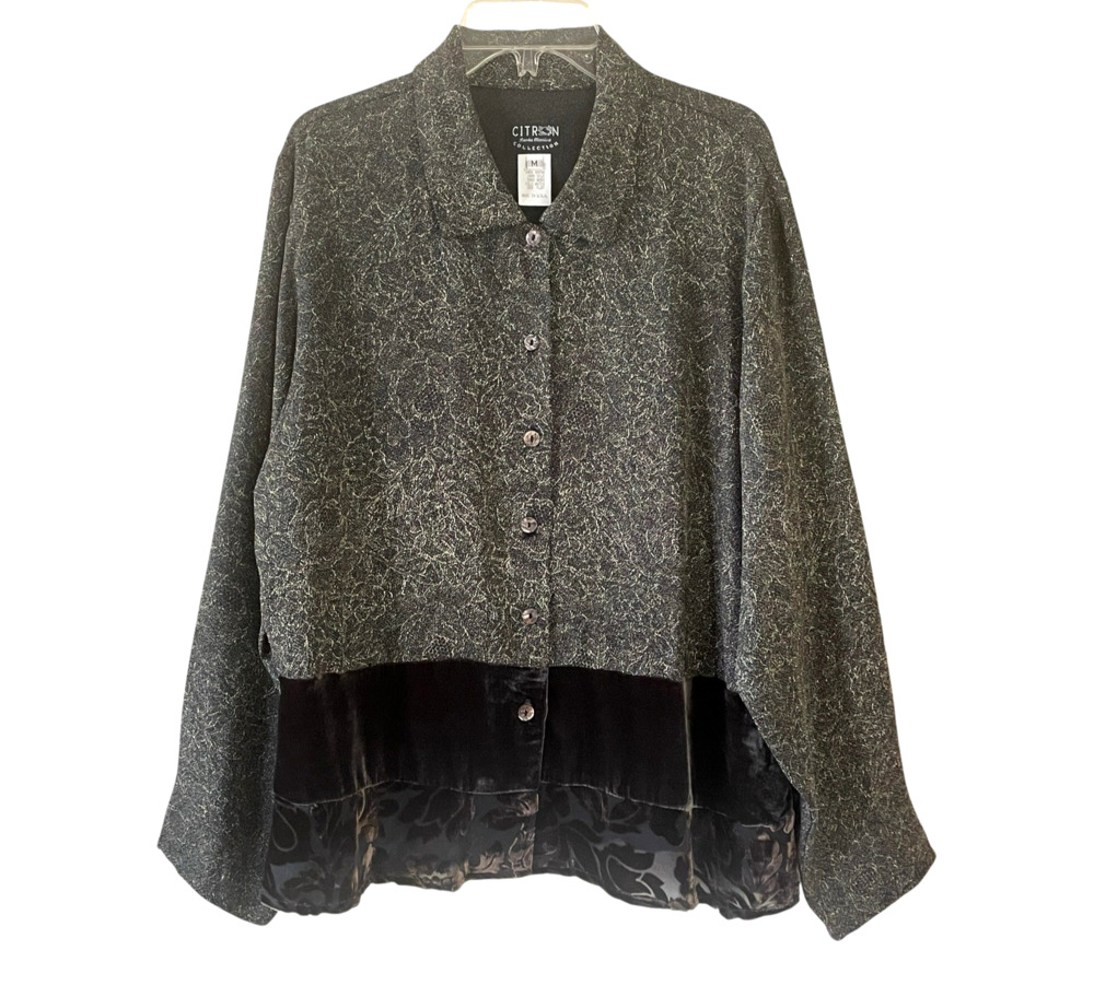 CITRON SANTA MONICA Medium NWT Brown Silk Burnout Button-Up Long Sleeve Top VTG